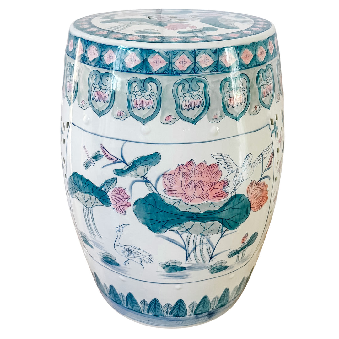 Vintage Chinese Ceramic Pink Lotus Garden Stool