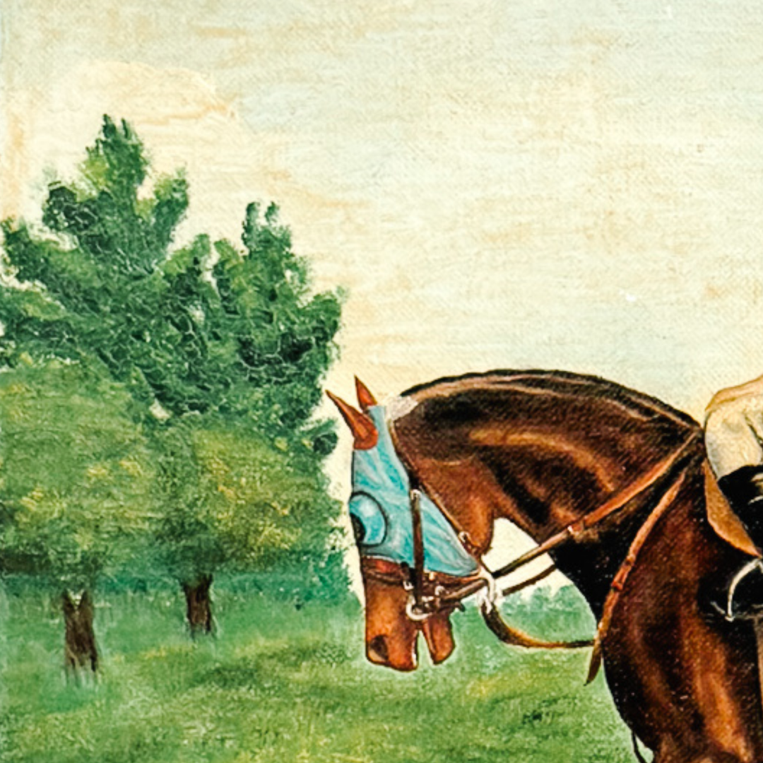 Vintage 1973 Signed Equestrian Oil Painting – "Thoroughbred Workout" by Bonnie Roseberry