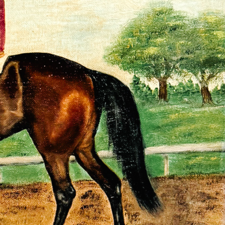 Vintage 1973 Signed Equestrian Oil Painting – "Thoroughbred Workout" by Bonnie Roseberry