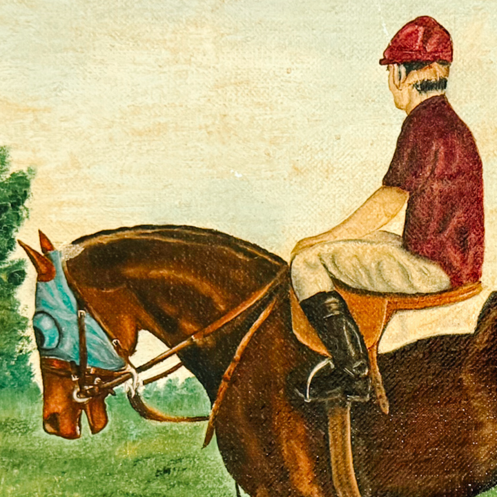 Vintage 1973 Signed Equestrian Oil Painting – "Thoroughbred Workout" by Bonnie Roseberry