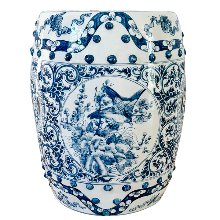 Vintage Blue & White Chinoiserie Porcelain Garden Stool With Double Coin & Floral Medallions