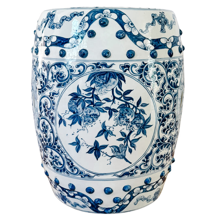 Vintage Blue & White Chinoiserie Porcelain Garden Stool With Double Coin & Floral Medallions