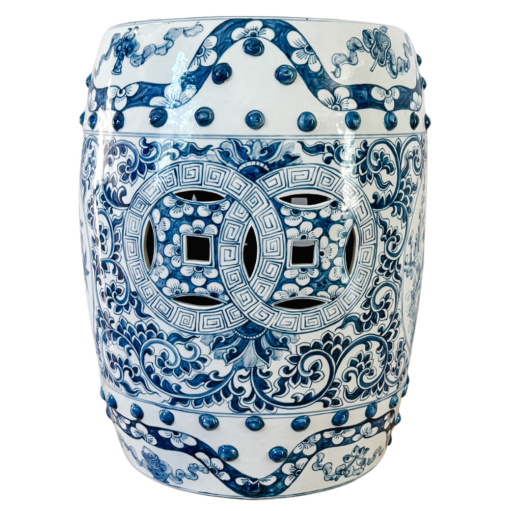 Vintage Blue & White Chinoiserie Porcelain Garden Stool With Double Coin & Floral Medallions