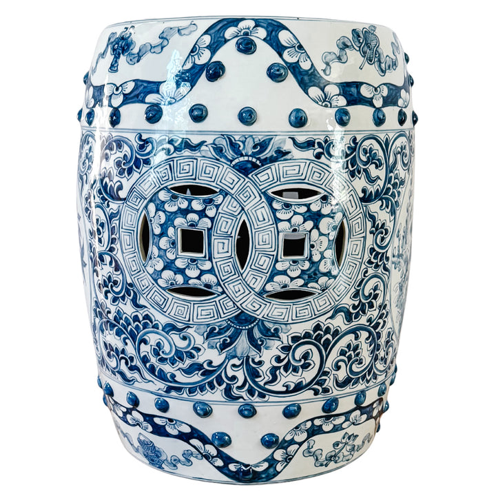 Vintage Blue & White Chinoiserie Porcelain Garden Stool With Double Coin & Floral Medallions