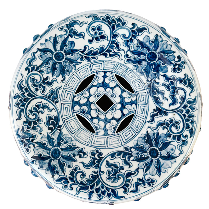 Vintage Blue & White Chinoiserie Porcelain Garden Stool With Double Coin & Floral Medallions