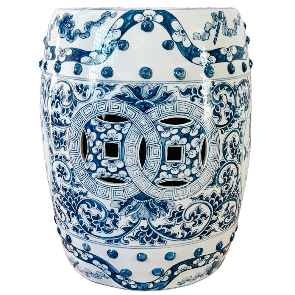 Vintage Blue & White Chinoiserie Porcelain Garden Stool With Double Coin & Floral Medallions