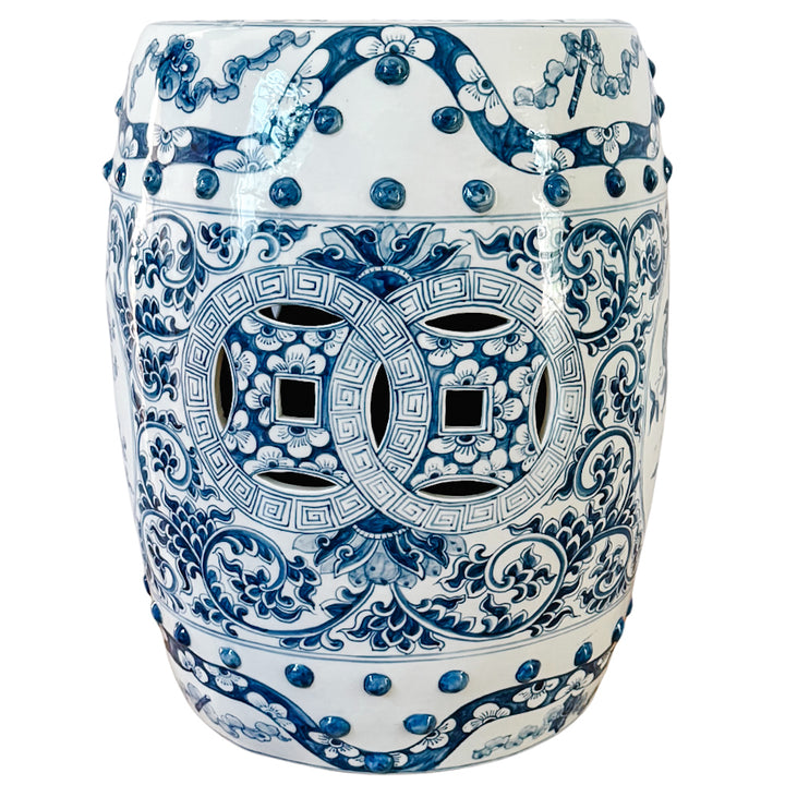 Vintage Blue & White Chinoiserie Porcelain Garden Stool With Double Coin & Floral Medallions