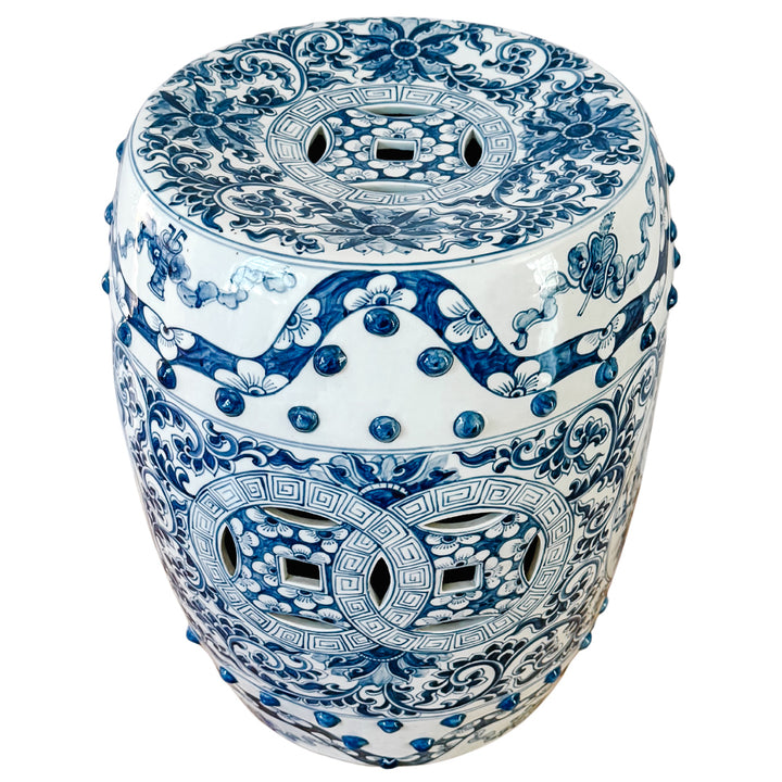 Vintage Blue & White Chinoiserie Porcelain Garden Stool With Double Coin & Floral Medallions