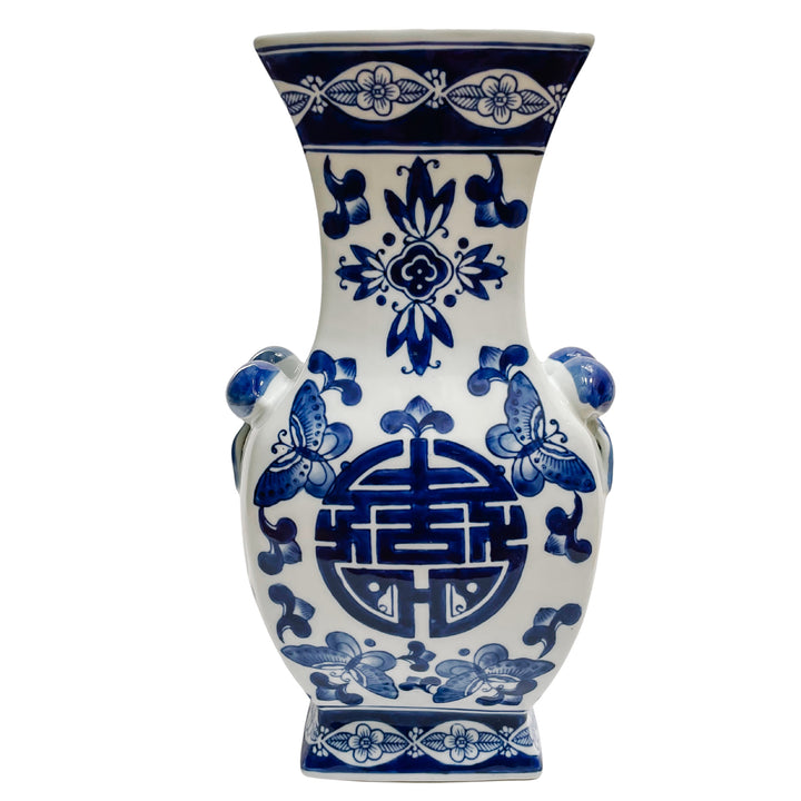 Vintage Blue & White Double Happiness Vase With Pomegranates