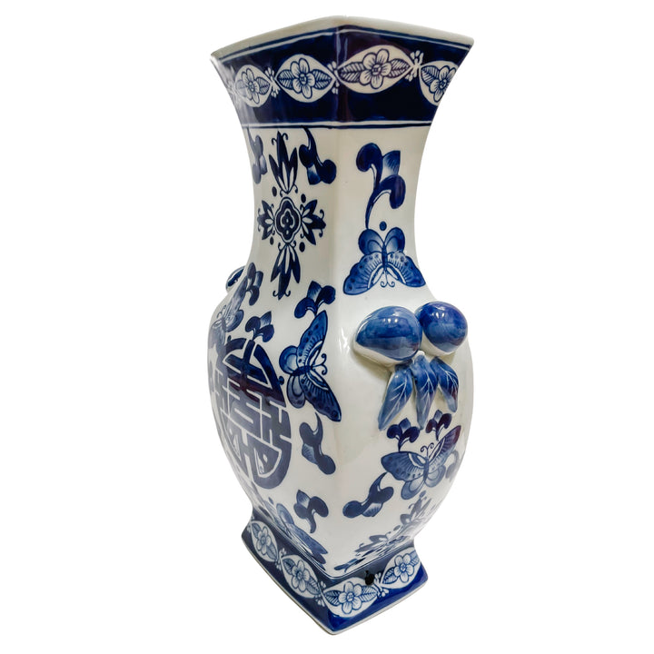 Vintage Blue & White Double Happiness Vase With Pomegranates