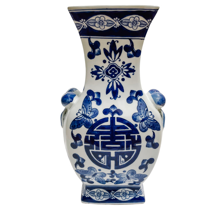 Vintage Blue & White Double Happiness Vase With Pomegranates