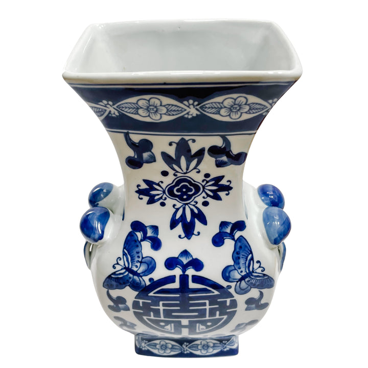 Vintage Blue & White Double Happiness Vase With Pomegranates