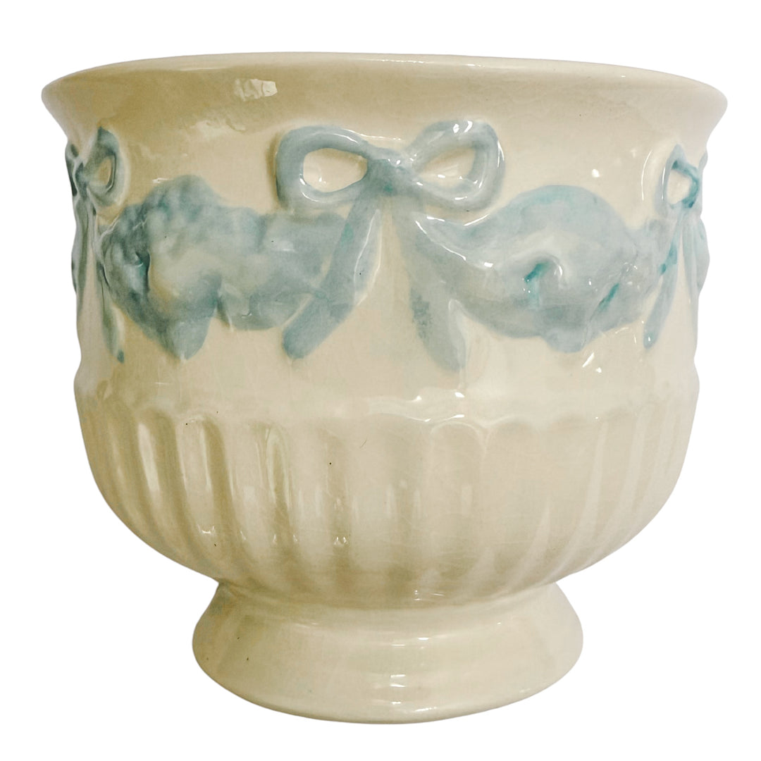 Vintage Blue & White Footed Urn Planter with Pastel Blue Ribbons & Bows