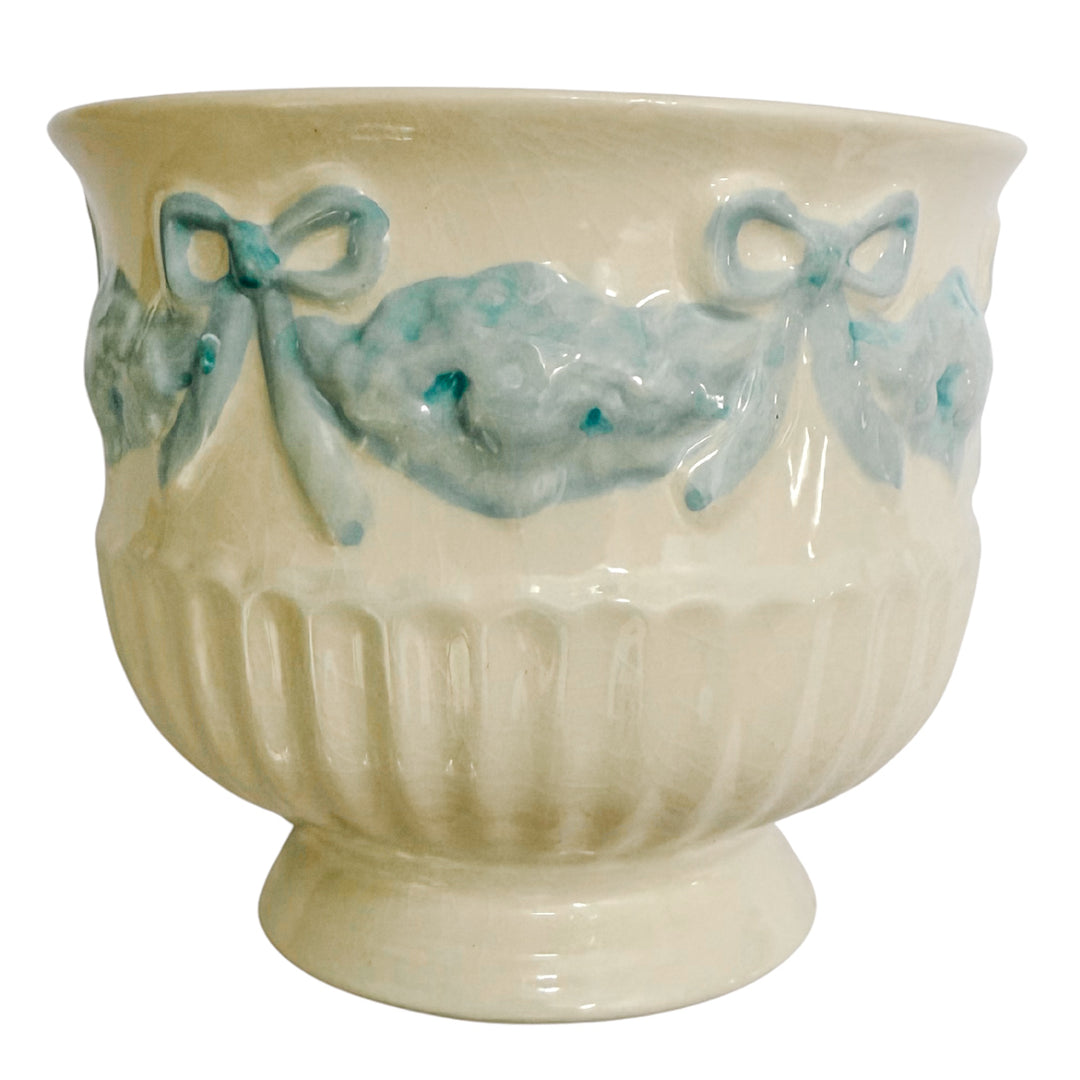 Vintage Blue & White Footed Urn Planter with Pastel Blue Ribbons & Bows