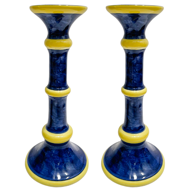 Vintage Blue & Yellow Tall Candlesticks by Intrada Italy