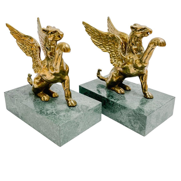 Vintage Brass Griffins on Green Marble Bases Bookends