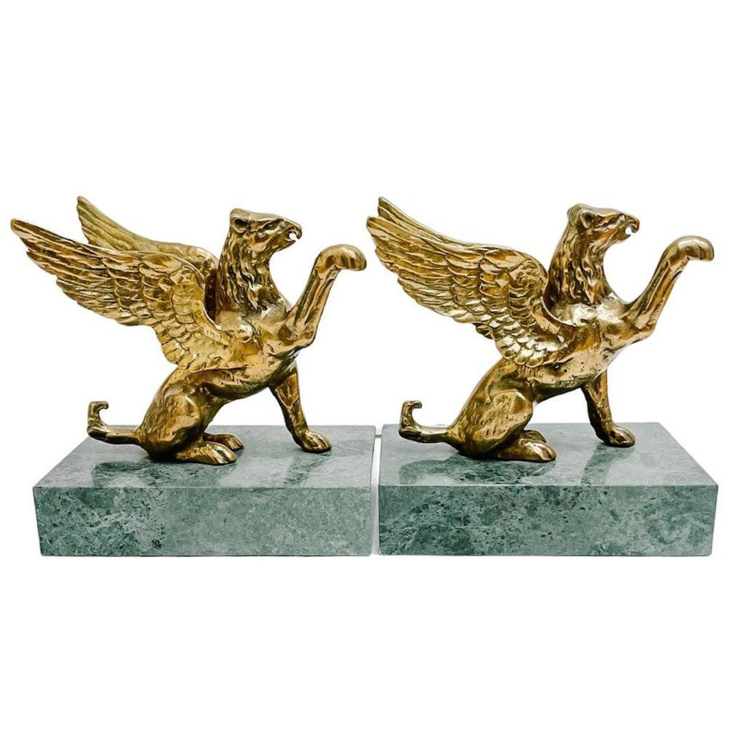 Vintage Brass Griffins on Green Marble Bases Bookends