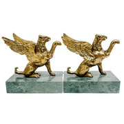 Vintage Brass Griffins on Green Marble Bases Bookends