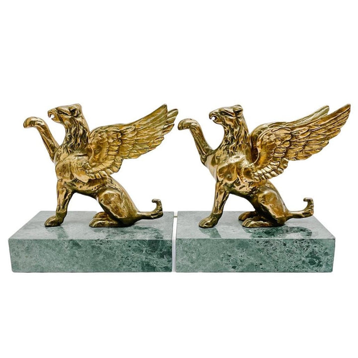 Vintage Brass Griffins on Green Marble Bases Bookends