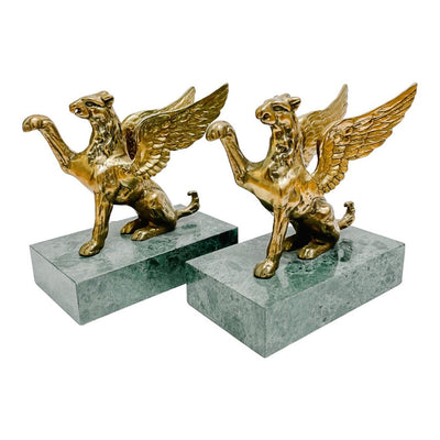 Vintage Brass Griffins on Green Marble Bases Bookends