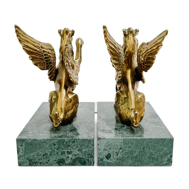 Vintage Brass Griffins on Green Marble Bases Bookends