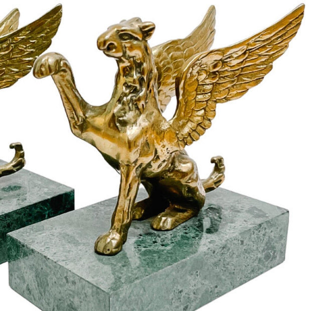 Vintage Brass Griffins on Green Marble Bases Bookends