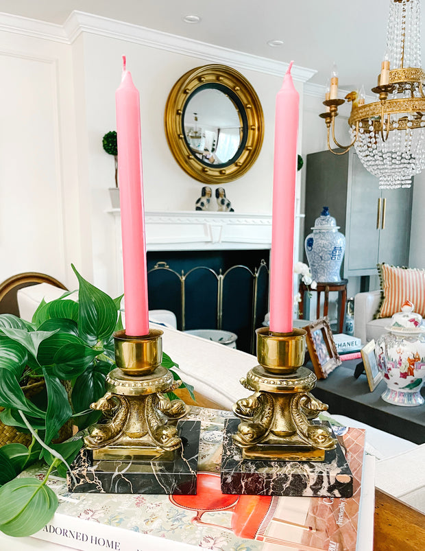 Vintage Brass Dolphin Candlestick Holders On Marble Bases