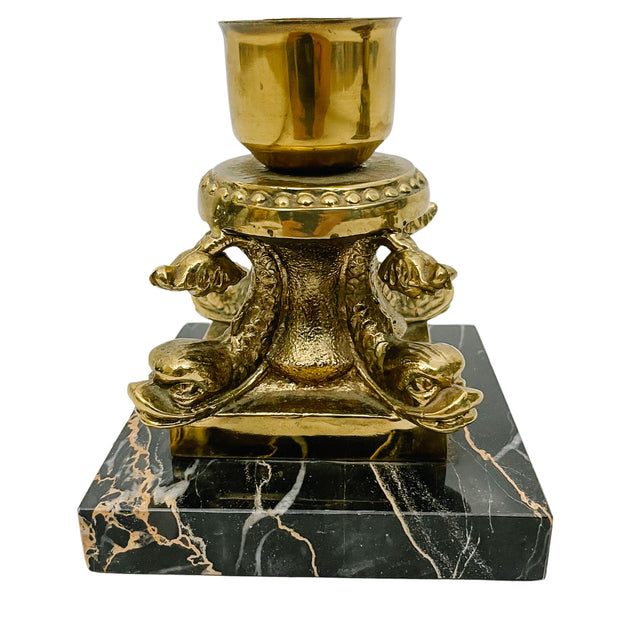 Vintage Brass Dolphin Candlestick Holders On Marble Bases