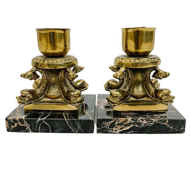 Vintage Brass Dolphin Candlestick Holders On Marble Bases