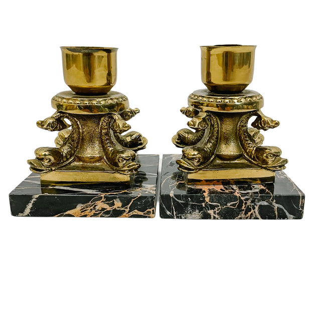 Vintage Brass Dolphin Candlestick Holders On Marble Bases