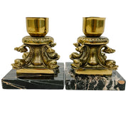 Vintage Brass Dolphin Candlestick Holders On Marble Bases