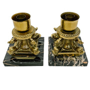 Vintage Brass Dolphin Candlestick Holders On Marble Bases