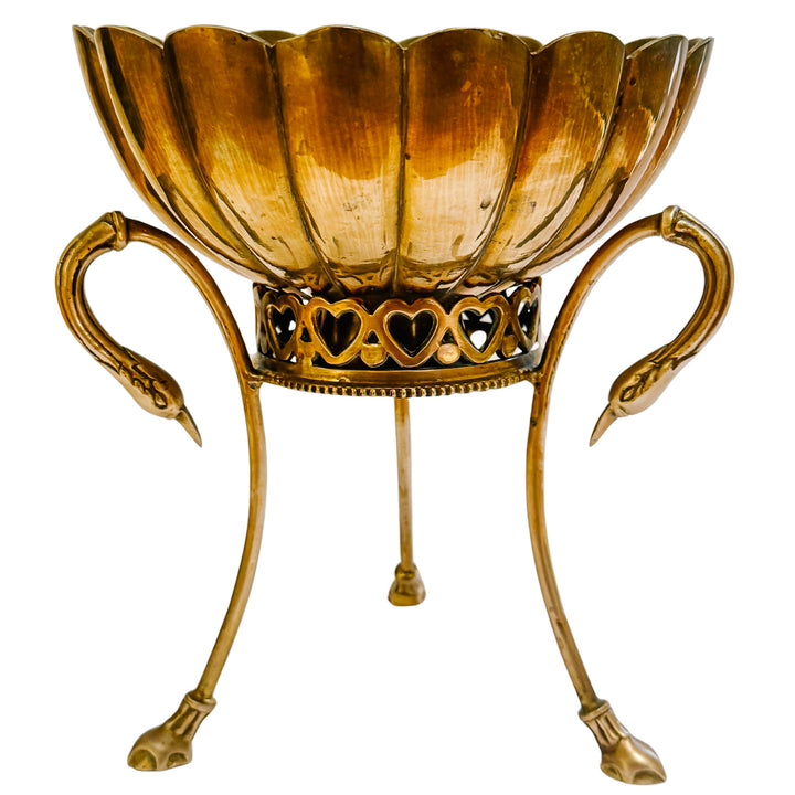 Vintage Brass Scalloped Bowl on Swan-Handled Stand with Heart Gallery