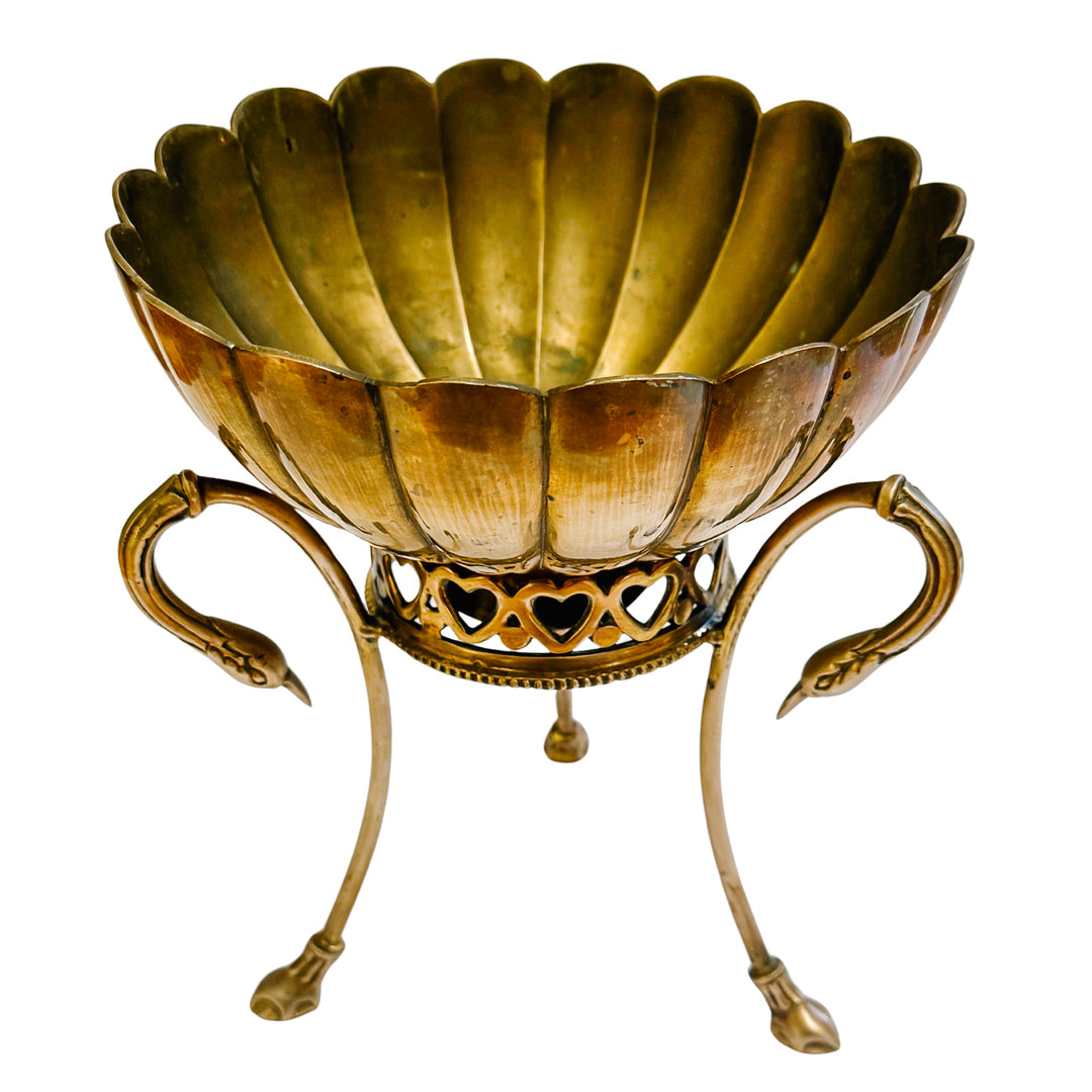 Vintage Brass Scalloped Bowl on Swan-Handled Stand with Heart Gallery