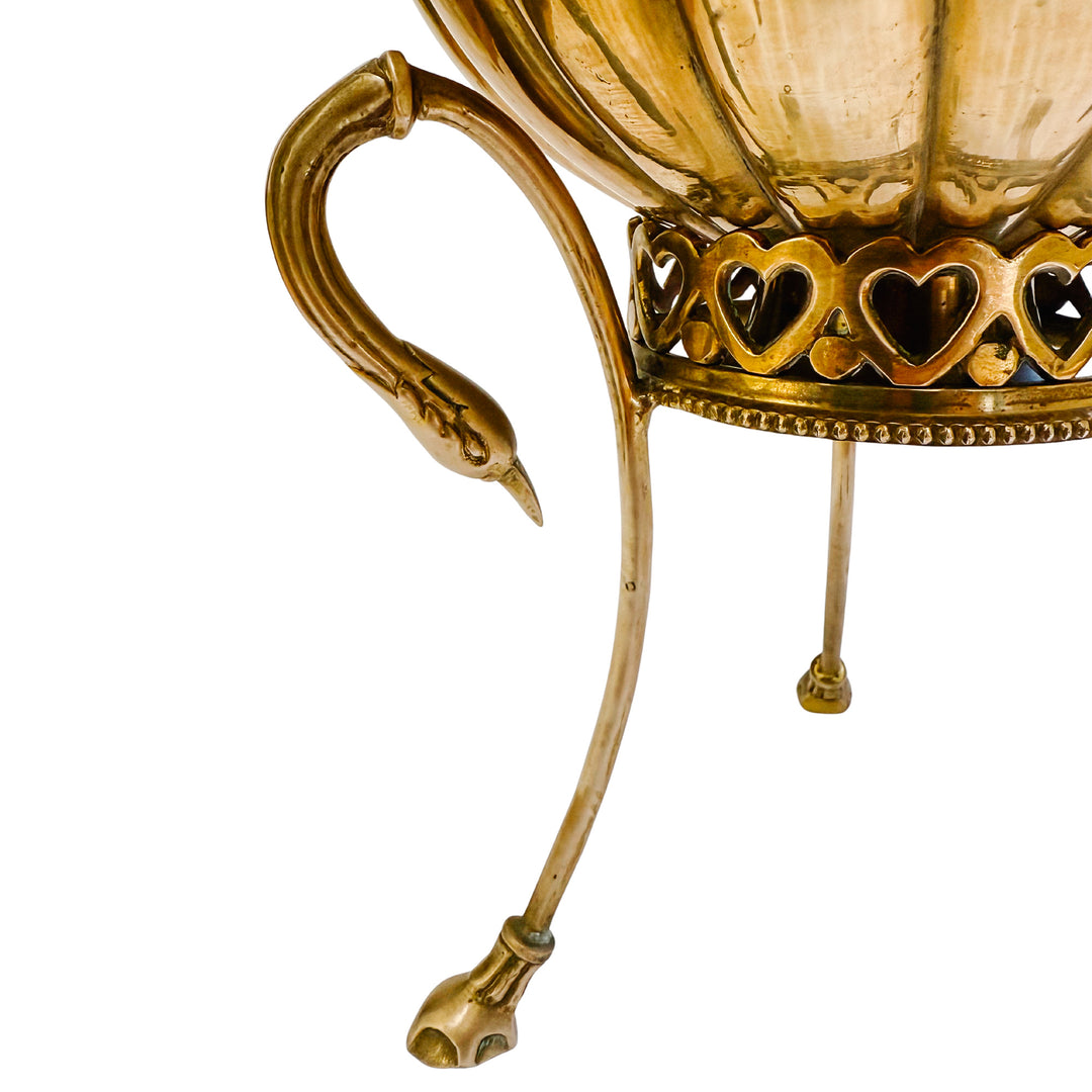 Vintage Brass Scalloped Bowl on Swan-Handled Stand with Heart Gallery