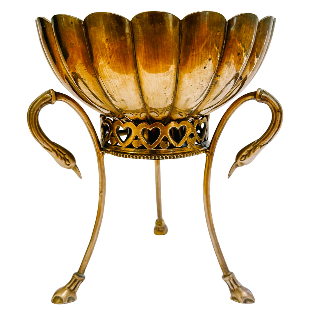 Vintage Brass Scalloped Bowl on Swan-Handled Stand with Heart Gallery