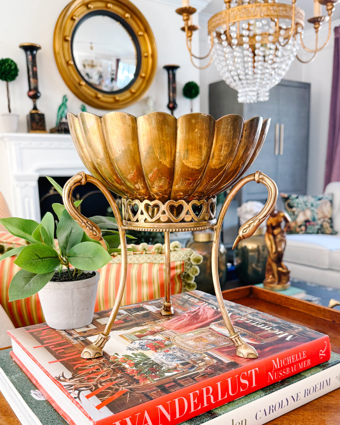 Vintage Brass Scalloped Bowl on Swan-Handled Stand with Heart Gallery