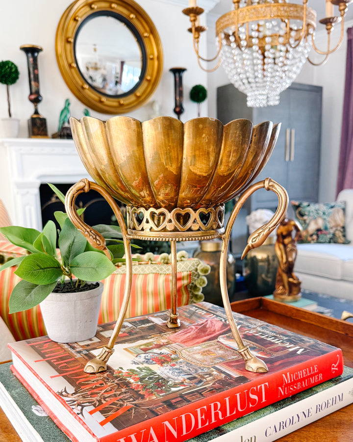 Vintage Brass Scalloped Bowl on Swan-Handled Stand with Heart Gallery