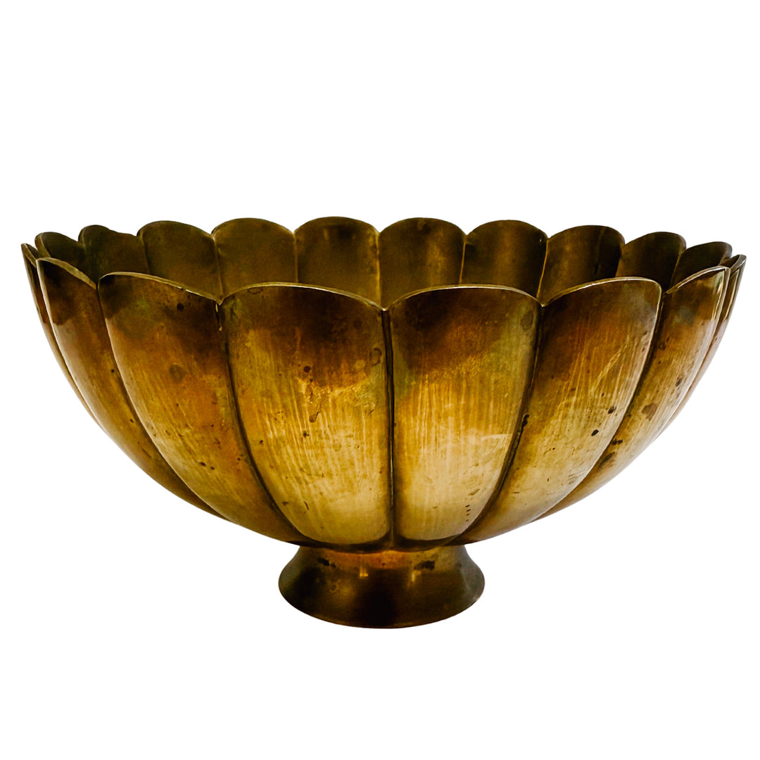 Vintage Brass Scalloped Bowl on Swan-Handled Stand with Heart Gallery