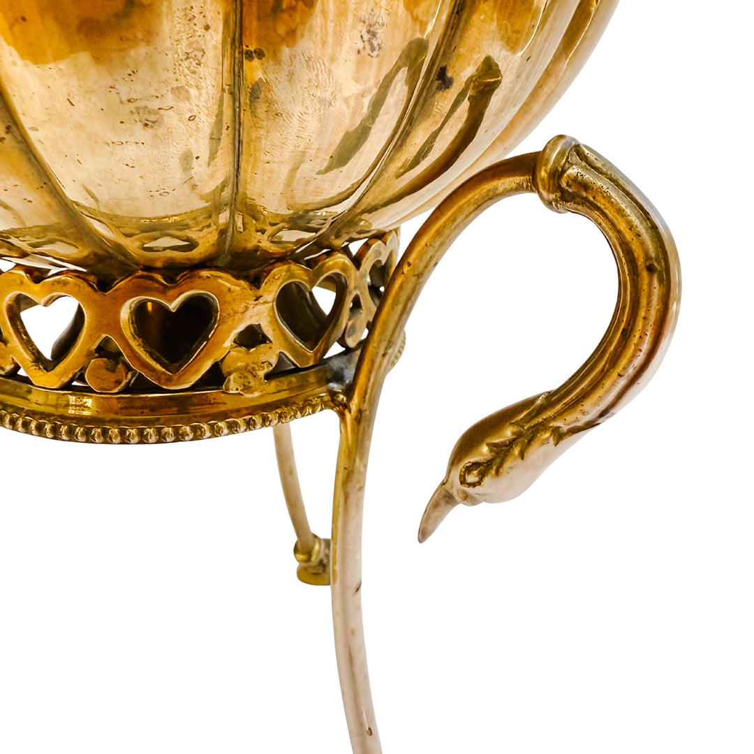 Vintage Brass Scalloped Bowl on Swan-Handled Stand with Heart Gallery