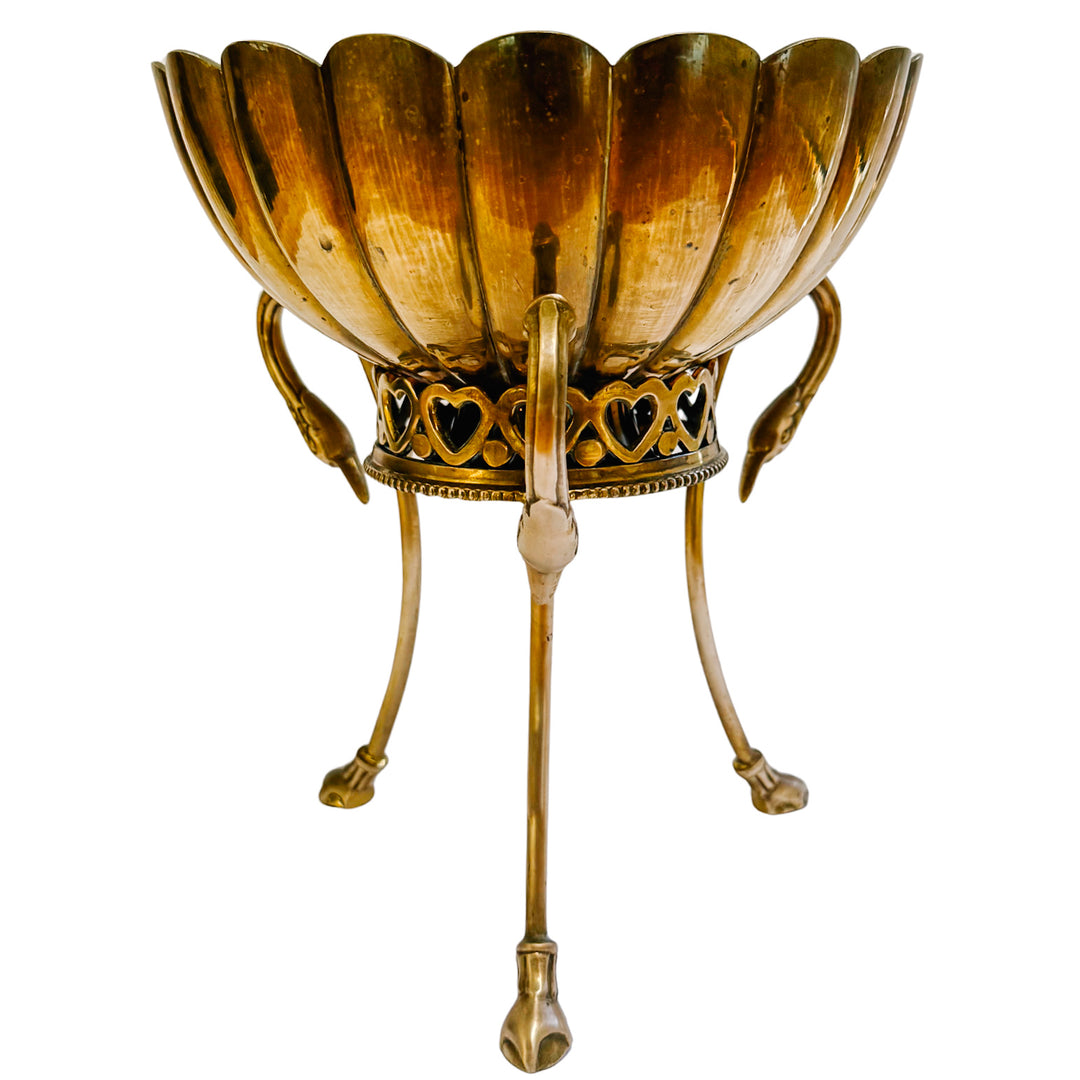Vintage Brass Scalloped Bowl on Swan-Handled Stand with Heart Gallery