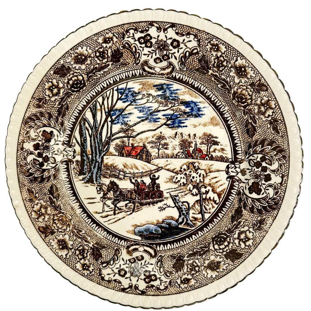 Vintage Chase Import Currier & Ives Style Winter Sleigh Ride Ironstone Dinner Plates