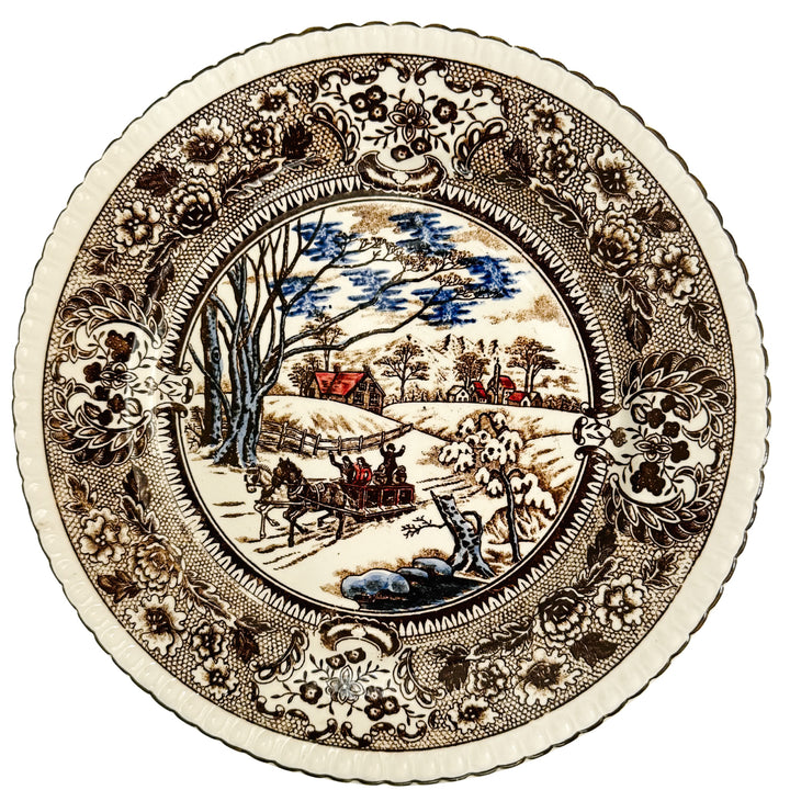 Vintage Chase Import Currier & Ives Style Winter Sleigh Ride Ironstone Dinner Plates