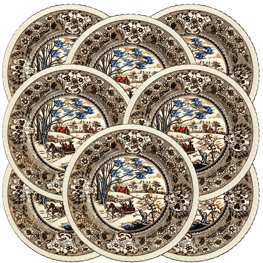 Vintage Chase Import Currier & Ives Style Winter Sleigh Ride Ironstone Dinner Plates