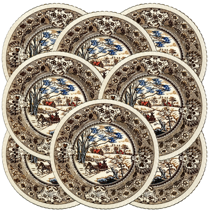 Vintage Chase Import Currier & Ives Style Winter Sleigh Ride Ironstone Dinner Plates