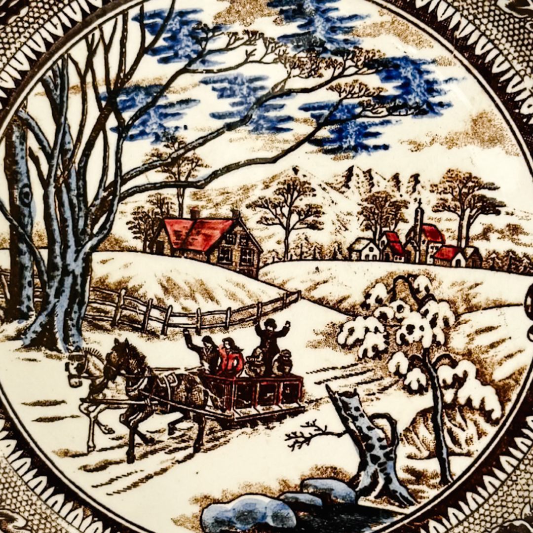 Vintage Chase Import Currier & Ives Style Winter Sleigh Ride Ironstone Dinner Plates
