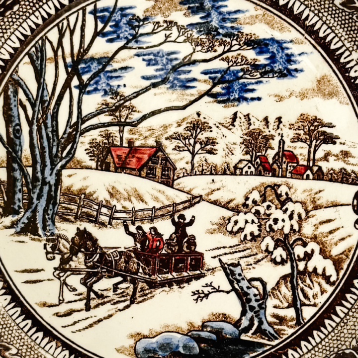 Vintage Chase Import Currier & Ives Style Winter Sleigh Ride Ironstone Dinner Plates
