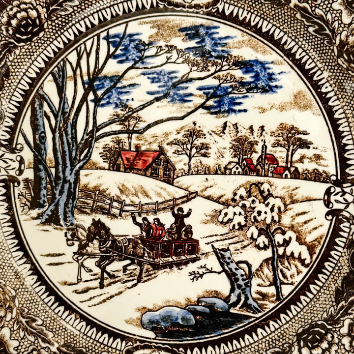 Vintage Chase Import Currier & Ives Style Winter Sleigh Ride Ironstone Dinner Plates