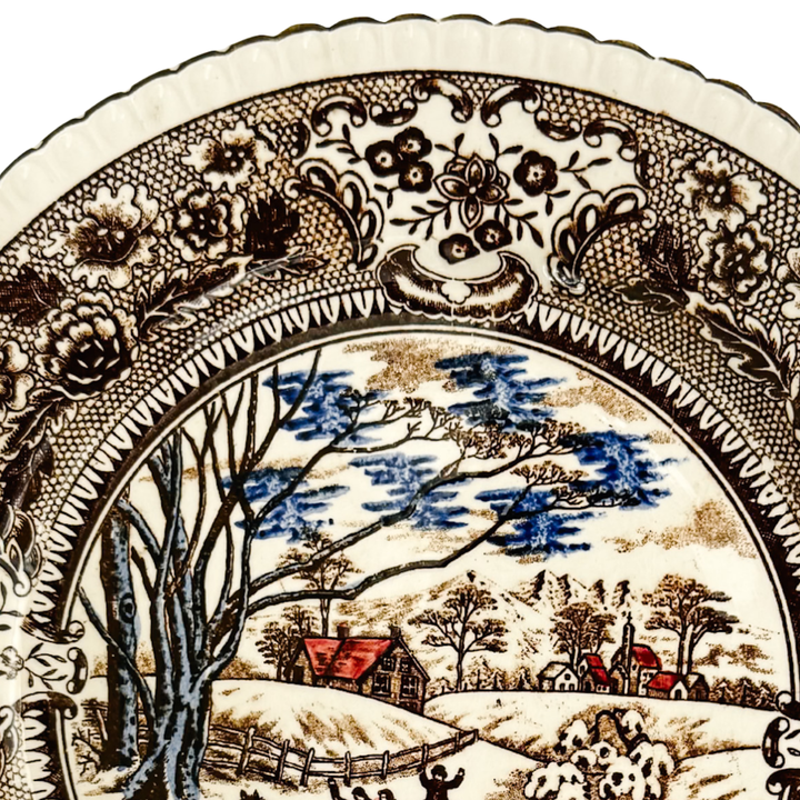 Vintage Chase Import Currier & Ives Style Winter Sleigh Ride Ironstone Dinner Plates