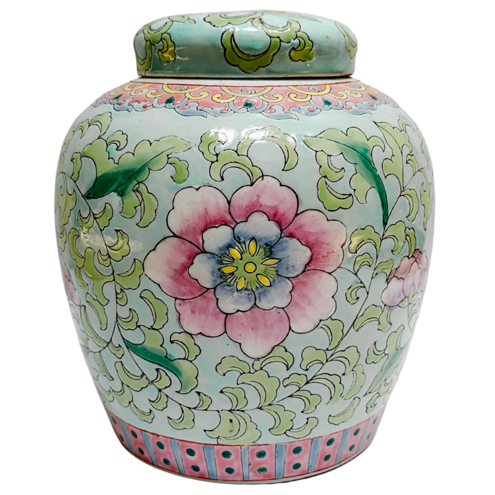 Vintage Chinese Blue & Pink Peony Floral Ginger Jar